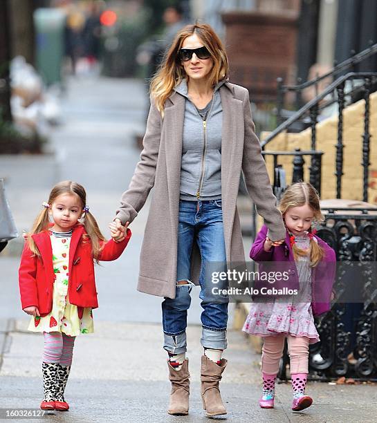 Sarah Jessica Parker, Marion Loretta Elwell Broderick and Tabitha Hodge Broderick are seen in the West Village on January 29, 2013 in New York City.