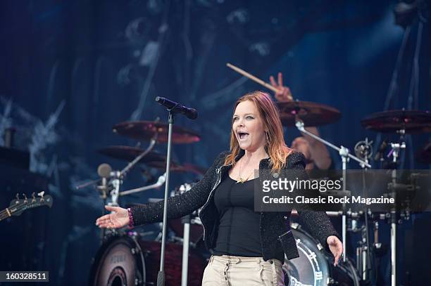 Vocalist Anette Olzon of Finnish symphonic metal group Nightwish performing live on the Zippo Encore Stage at Download Festival on June 8, 2012.