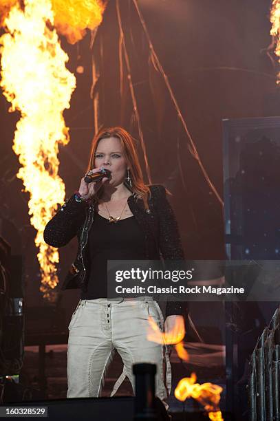 Vocalist Anette Olzon of Finnish symphonic metal group Nightwish performing live on the Zippo Encore Stage at Download Festival on June 8, 2012.