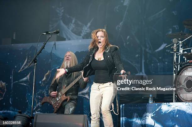 Vocalist Anette Olzon of Finnish symphonic metal group Nightwish performing live on the Zippo Encore Stage at Download Festival on June 8, 2012.