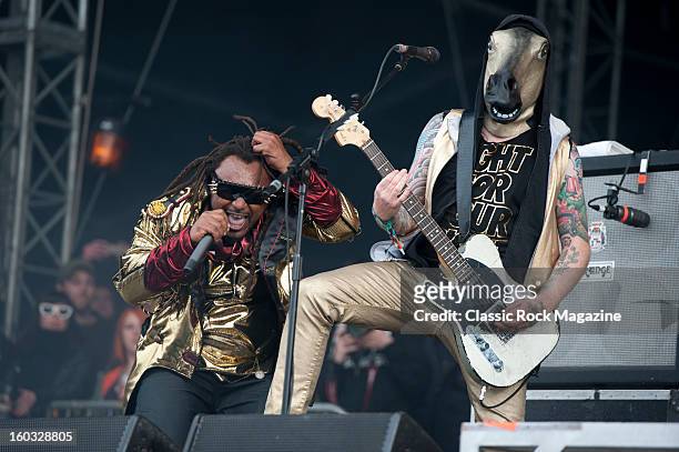 Benji Webbe and Mikey Demus of Welsh reggae metal group Skindred performing live on the Zippo Encore Stage at Download Festival on June 9, 2012.