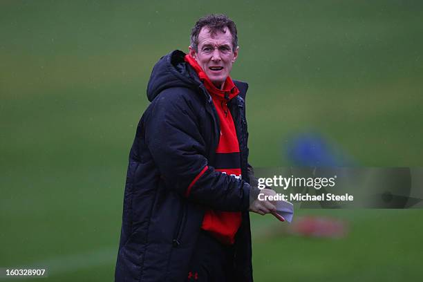 Rob Howley coach of Wales looks on during the Wales training session at Vale Resort on January 29, 2013 in Cardiff, Wales.