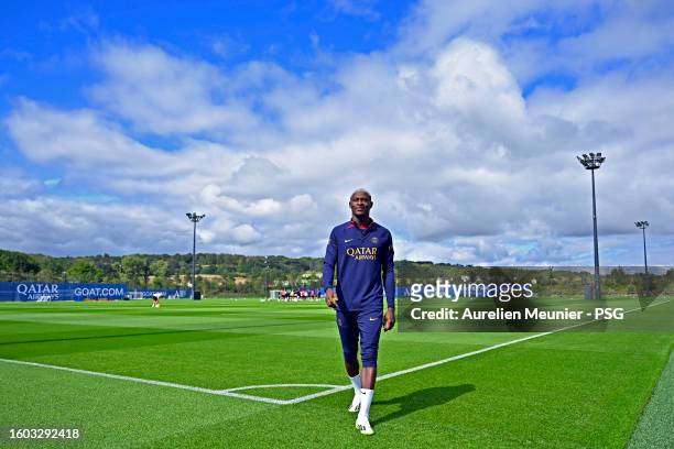 Nuno Mendes looks on during the Paris Saint-Germain training session at Campus PSG on August 09, 2023 in Paris, France.