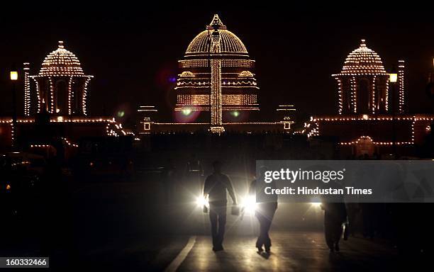 Illuminated Raisina Hills after the Beating Retreat ceremony at Vijay Chowkon January 29, 2013 in New Delhi, India. This ceremony officially marks...