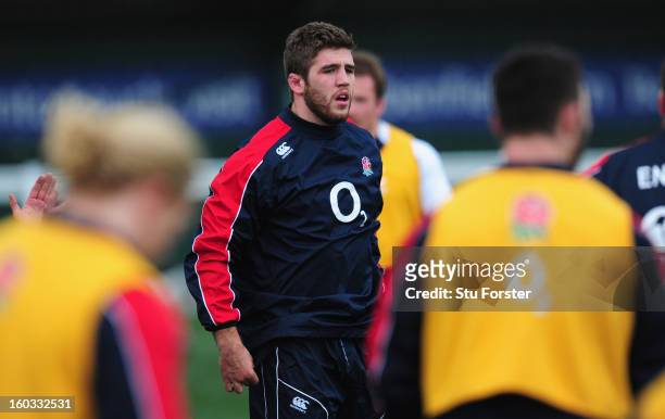 England player Will Fraser looks on during England Saxons training at Druid Park on January 29, 2013 in Newcastle upon Tyne, England.