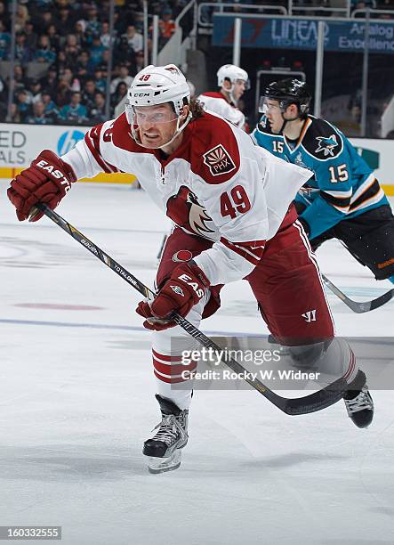 Alexandre Bolduc of the Phoenix Coyotes skates after the puck against the San Jose Sharks at the HP Pavilion on January 24, 2013 in San Jose,...