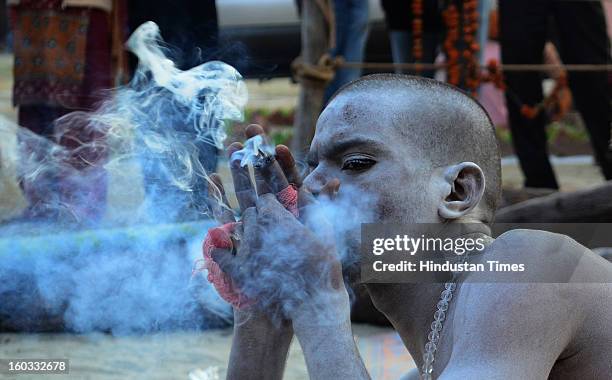 Naga Sadhu enjoy smoking Chillum at Bada Udaseen Akhara, in a Kumbh Mela area, on January 29, 2013 in Allahabad, India. Millions of Hindu devotees...