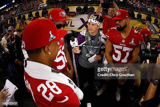 Darcel McBath, Darius Fleming and Michael Wilhoite of the San Francisco 49ers answer questions from the media during Super Bowl XLVII Media Day ahead...