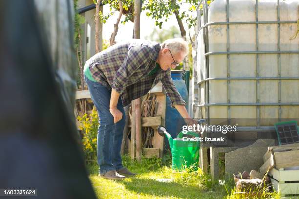 senior man collecting water from the rainwater tank - rainwater tank stock pictures, royalty-free photos & images