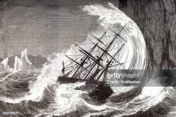 stockillustraties, clipart, cartoons en iconen met engraving of sinking ship in a hurricane 1873 - zeilschip