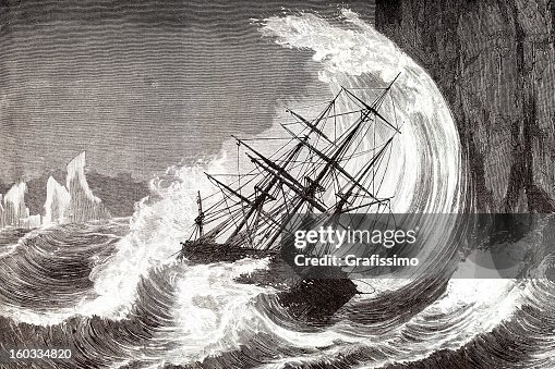 Engraving of sinking ship in a hurricane 1873 Engraving of sinking ship in a hurricane 1873