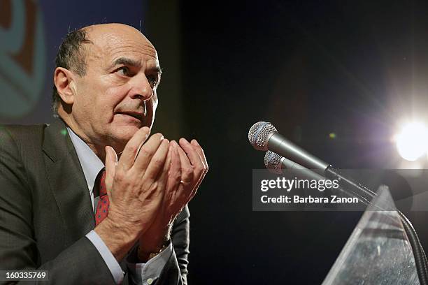 Centre-left candidate for Prime Minister Pierluigi Bersani speaks on stage during the presentation of Partito Democratico for Election Campaign at...