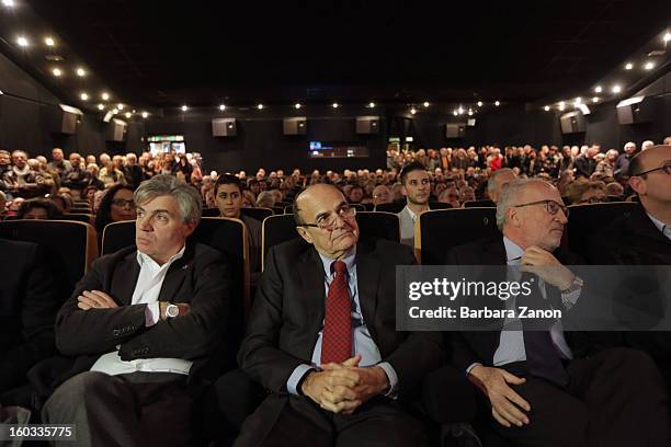 Centre-left candidate for Prime Minister Pierluigi Bersani, Davide Zoggia and Giorgio Orsoni attend the presentation of Partito Democratico for...