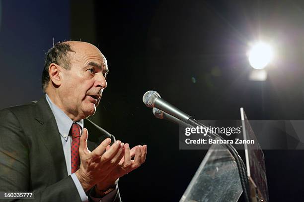 Centre-left candidate for Prime Minister Pierluigi Bersani speaks on stage during the presentation of Partito Democratico for Election Campaign at...