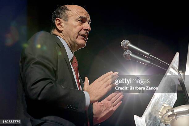 Centre-left candidate for Prime Minister Pierluigi Bersani speaks on stage during the presentation of Partito Democratico for Election Campaign at...