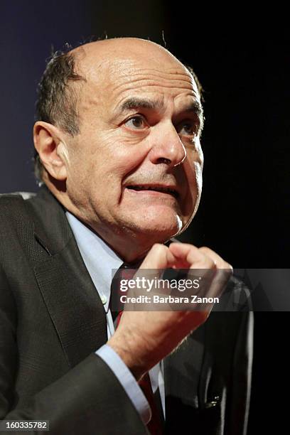 Centre-left candidate for Prime Minister Pierluigi Bersani speaks on stage during the presentation of Partito Democratico for Election Campaign at...