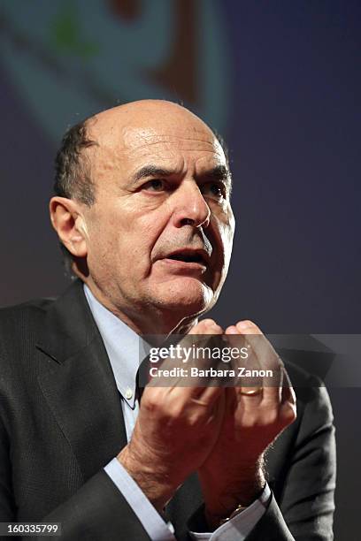 Centre-left candidate for Prime Minister Pierluigi Bersani speaks on stage during the presentation of Partito Democratico for Election Campaign at...