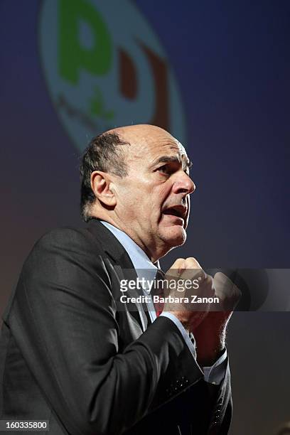 Centre-left candidate for Prime Minister Pierluigi Bersani speaks on stage during the presentation of Partito Democratico for Election Campaign at...