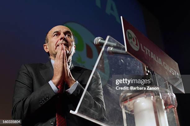 Centre-left candidate for Prime Minister Pierluigi Bersani speaks on stage during the presentation of Partito Democratico for Election Campaign at...