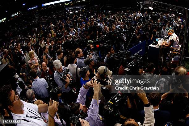 Ray Lewis of the Baltimore Ravens answers questions from the media during Super Bowl XLVII Media Day ahead of Super Bowl XLVII at the Mercedes-Benz...