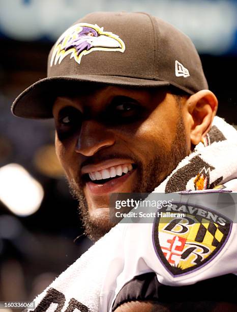 Ray Lewis of the Baltimore Ravens answers questions from the media during Super Bowl XLVII Media Day ahead of Super Bowl XLVII at the Mercedes-Benz...