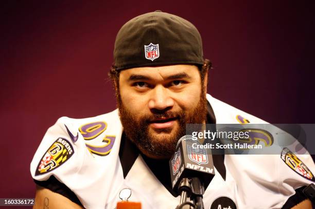Haloti Ngata of the Baltimore Ravens answers questions from the media during Super Bowl XLVII Media Day ahead of Super Bowl XLVII at the...