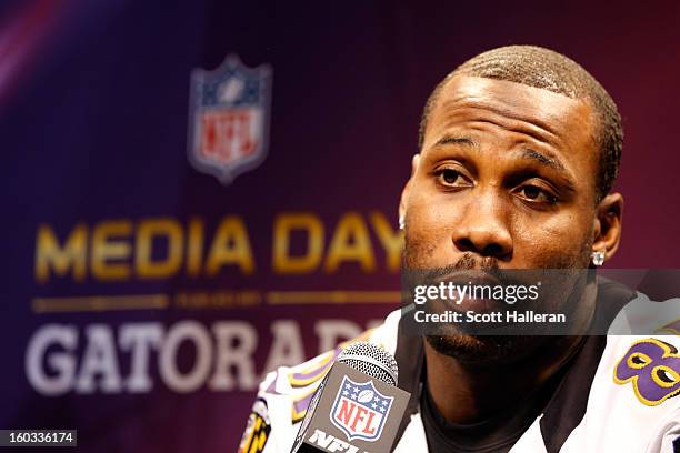 Anquan Boldin of the Baltimore Ravens answers questions from the media during Super Bowl XLVII Media Day ahead of Super Bowl XLVII at the...