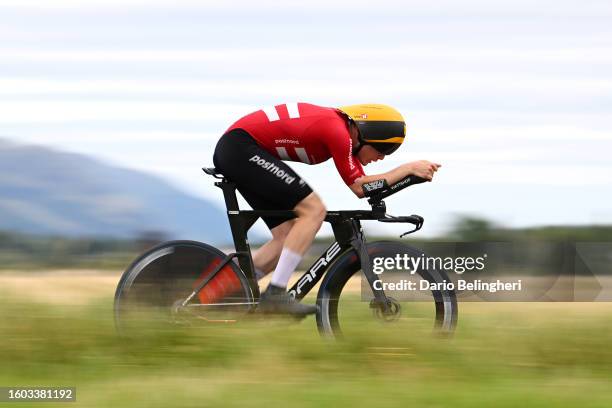 Carl-Frederik Bevort of Denmark sprints during the Men Under 23 Individual Time Trial a 36.2km race from Stirling to Stirling at the 96th UCI Cycling...