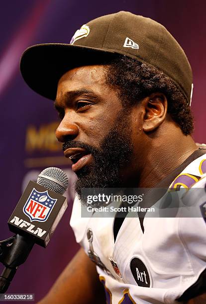 Ed Reed of the Baltimore Ravens answers questions from the media during Super Bowl XLVII Media Day ahead of Super Bowl XLVII at the Mercedes-Benz...