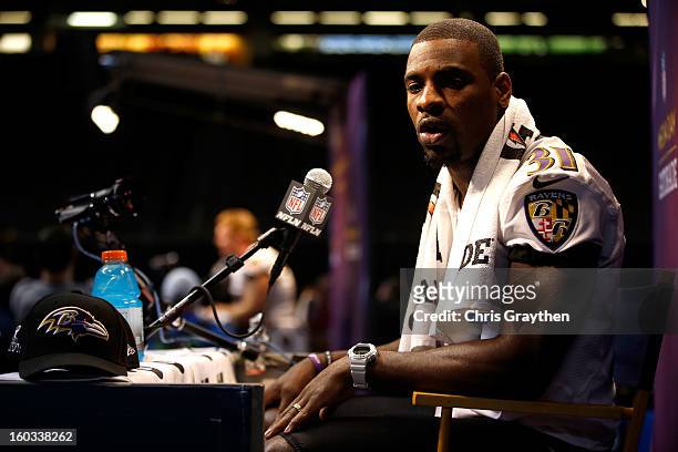 Bernard Pollard of the Baltimore Ravens answers questions from the media during Super Bowl XLVII Media Day ahead of Super Bowl XLVII at the...