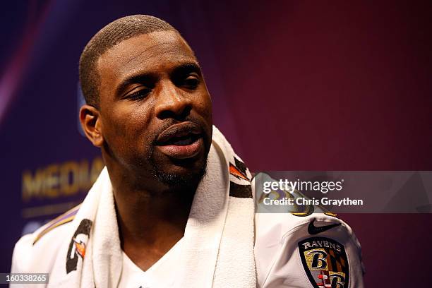 Bernard Pollard of the Baltimore Ravens answers questions from the media during Super Bowl XLVII Media Day ahead of Super Bowl XLVII at the...