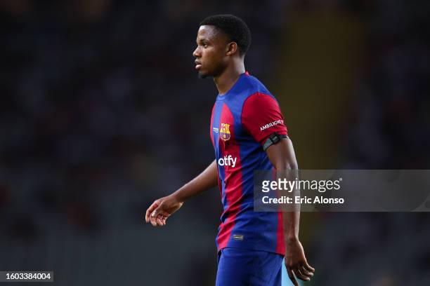 Ansu Fati of FC Barcelona looks on during the Joan Gamper Trophy match between FC Barcelona and Tottenham Hotspur at Estadi Olimpic Lluis Companys on...