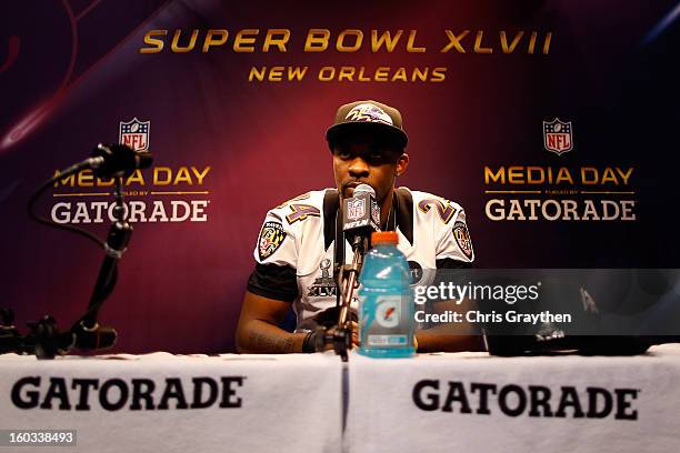 Corey Graham of the Baltimore Ravens answers questions from the media during Super Bowl XLVII Media Day ahead of Super Bowl XLVII at the...