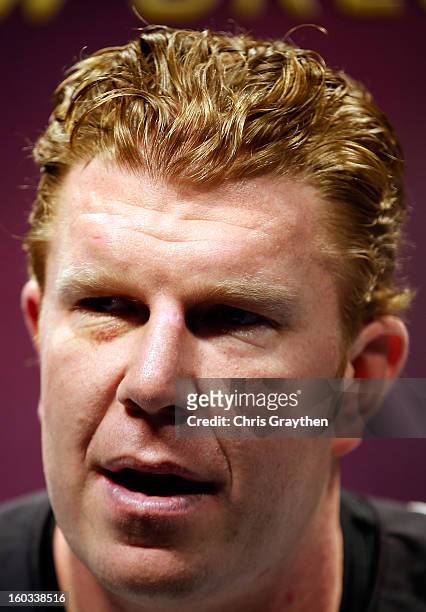 Matt Birk of the Baltimore Ravens answers questions from the media during Super Bowl XLVII Media Day ahead of Super Bowl XLVII at the Mercedes-Benz...