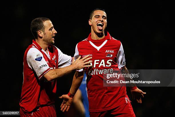 Adam Maher of AZ Alkmaar celebrates after scoring a goal with team mate Roy Beerens during the KNVB Dutch Cup match between FC Den Bosch and AZ...