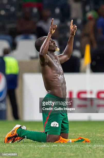 Mohamed Koffi from Burkina Faso celebrates at the end of the game with Zambia during the 2013 Orange African Cup of Nations match between Burkina...
