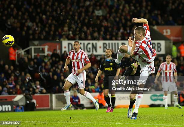 Ryan Shawcross of Stoke City scores the opening goal during the Barclays Premier League match between Stoke City and Wigan Athletic at the Britannia...