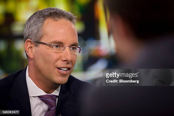 Steven Grimes, chief executive officer of Retail Properties of America Inc., speaks before a Bloomberg Television interview in New York, U.S., on...