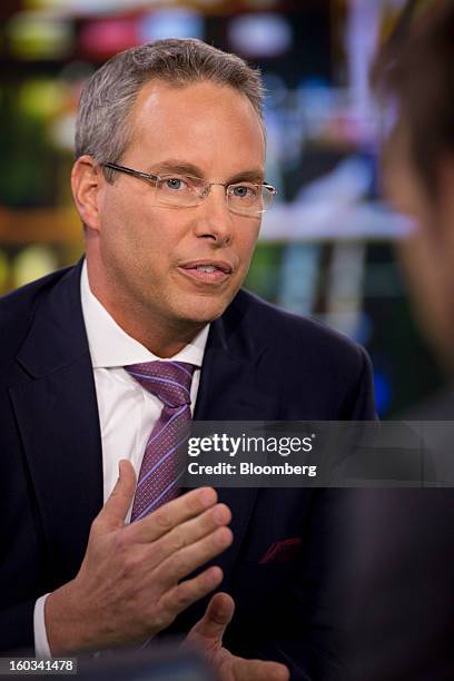 Steven Grimes, chief executive officer of Retail Properties of America Inc., speaks before a Bloomberg Television interview in New York, U.S., on...