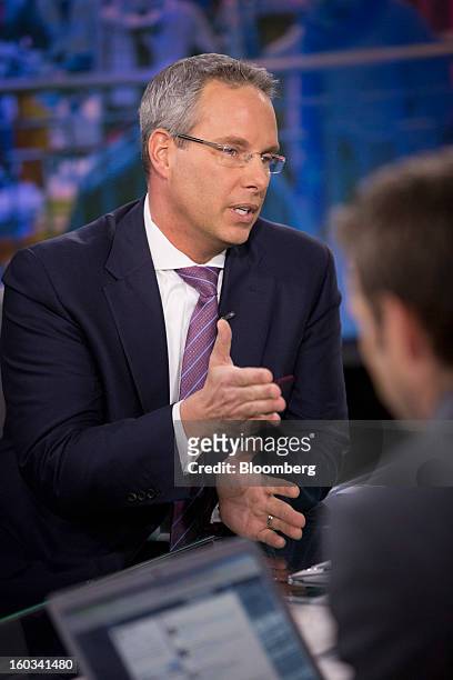 Steven Grimes, chief executive officer of Retail Properties of America Inc., speaks during a Bloomberg Television interview in New York, U.S., on...