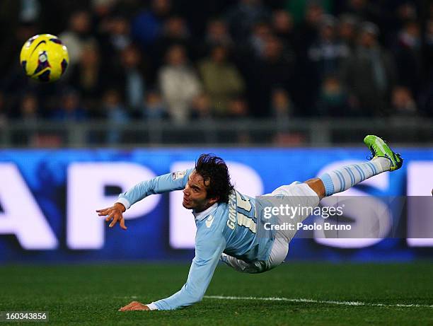 Alvaro Gonzalez of S.S. Lazio scores the opening goal during the TIM cup match between S.S. Lazio and Juventus FC at Stadio Olimpico on January 29,...