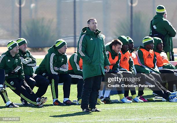 Head coach Caleb Porter of the Portland Timbers reacts on the sidelines during The Desert Friendlies Presented By FC Tucson against the Colorado...