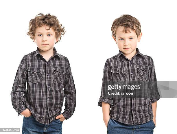 portrait of small boy before and after haircut - boy curly blonde stock pictures, royalty-free photos & images