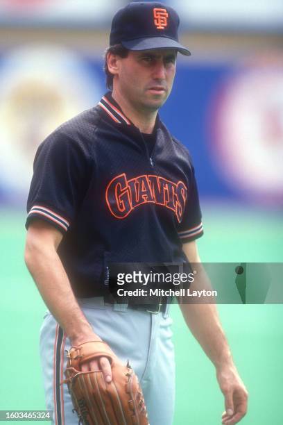 Bud Black of the San Francisco Giants looks on before a baseball game against the Philadelphia Phillies on July 14, 1991 at Veterans Stadium in...