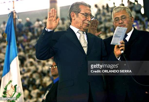 Former dictator and current assembly speaker Efrain Rios Montt and Edin Barrientos are sworn in as presidential and vice presidential candidates of...