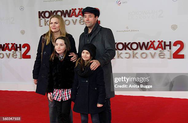 Anna Loos, Jan Joseph Liefers and their children Lilly and Lola attend the 'Kokowaeaeh 2' Germany Premiere at Cinestar Potsdamer Platz on January 29,...