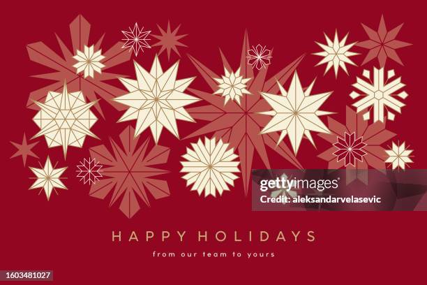 urlaubshintergrund mit sternen und schneeflocken - weihnachtskarte stock-grafiken, -clipart, -cartoons und -symbole