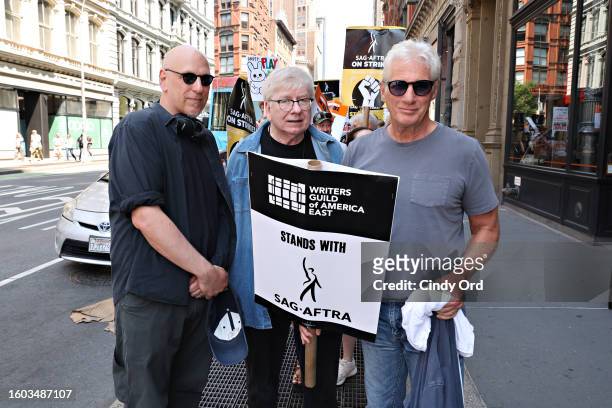 East President Michael Winship and Richard Gere join members and supporters of the WGA and SAG-AFTRA on day 100 of the WGA strike outside Netflix and...