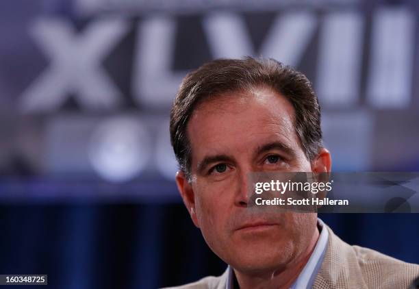 Sports announcer Jim Nantz speaks with the media at a Super Bowl XLVII Broadcasters Press Conference at the New Orleans Convention Center on January...