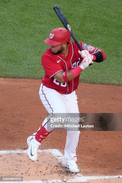 Keibert Ruiz of the Washington Nationals prepares for a pitch during a baseball game against the Colorado Rockies at Nationals Park on July 24, 2023...